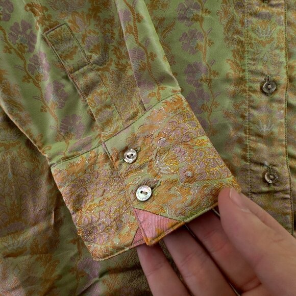 Robert Graham Women Shiny Floral Print Button Up Small Shirt Green Pink L/S - Picture 12 of 16